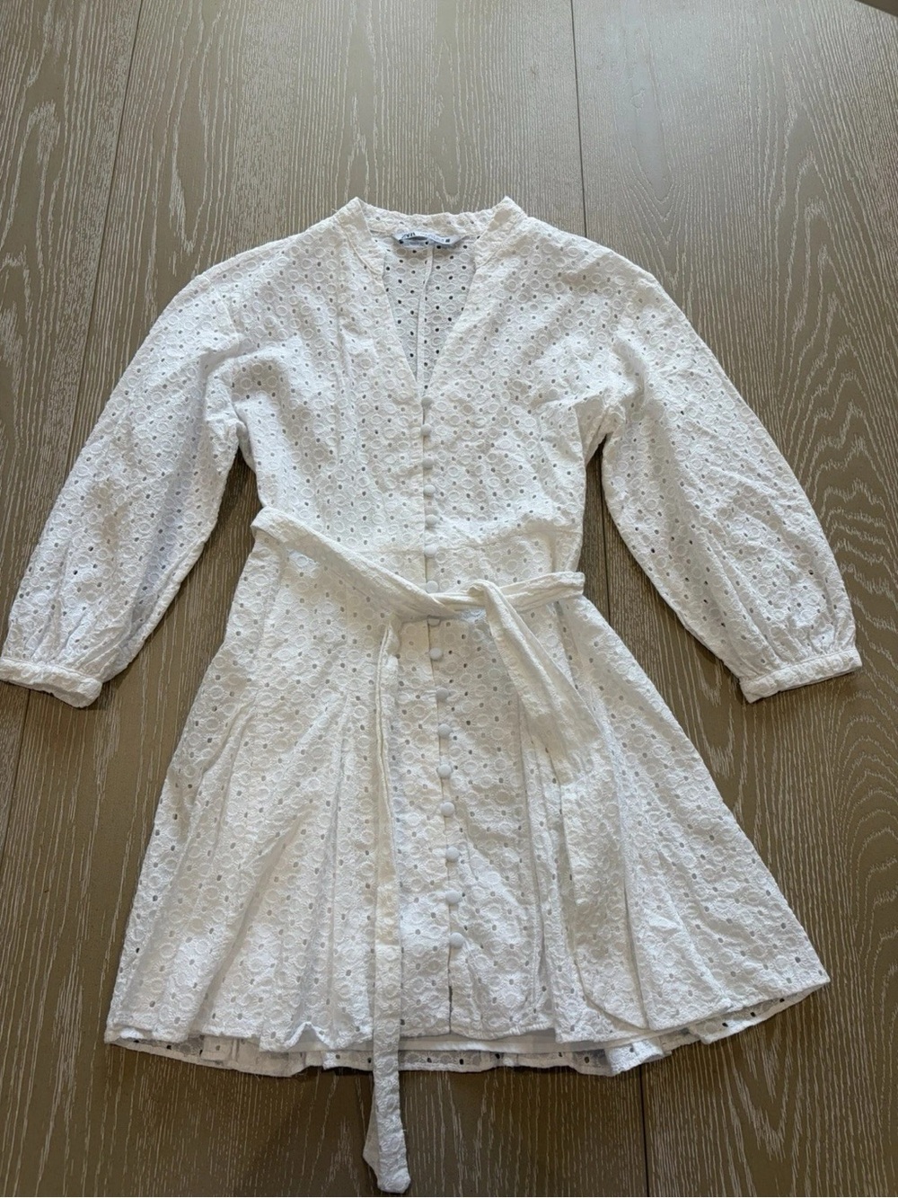 Zara White Eyelet Mini Dress with Tie Waist